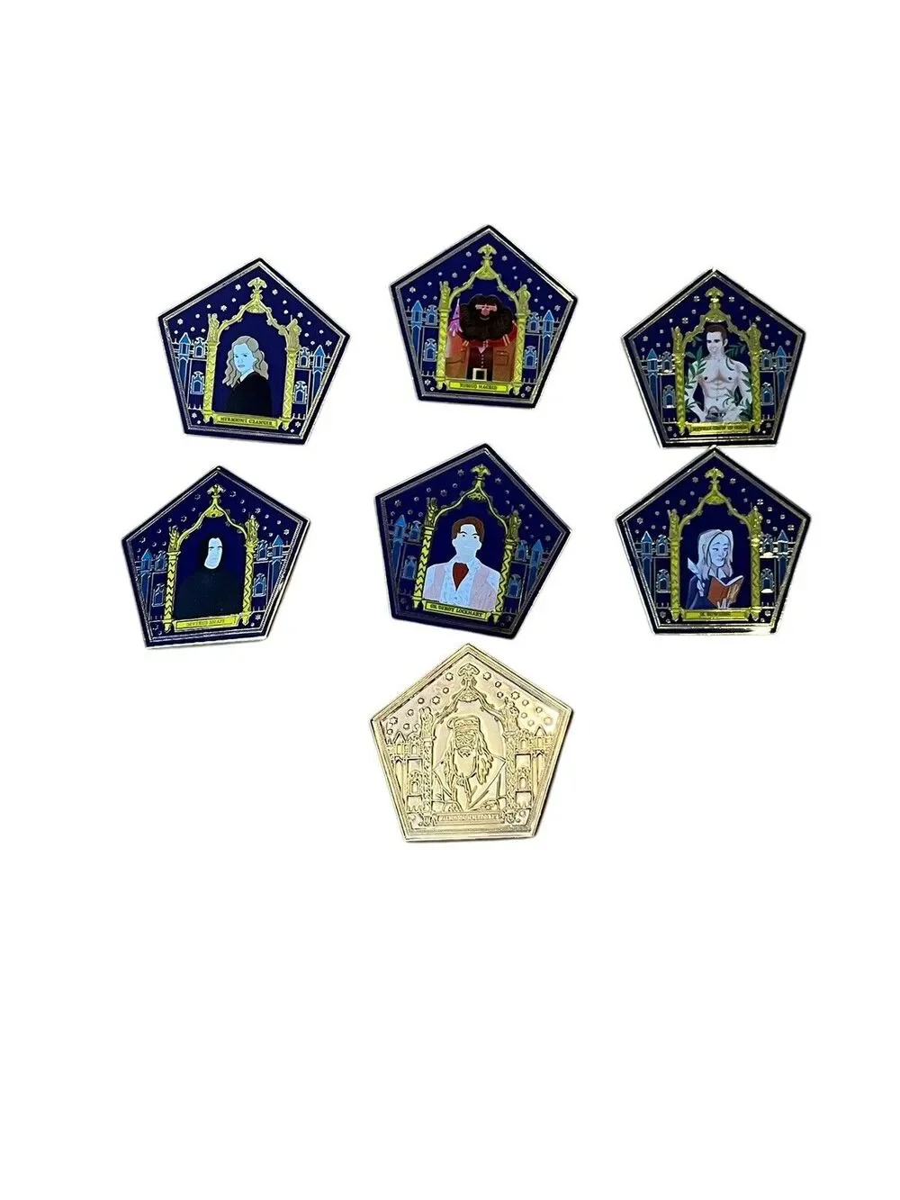 Harry Potter Oddment And Tweak Lot Of 7 Chocolate Frog Card Pins Snape Hermoine
